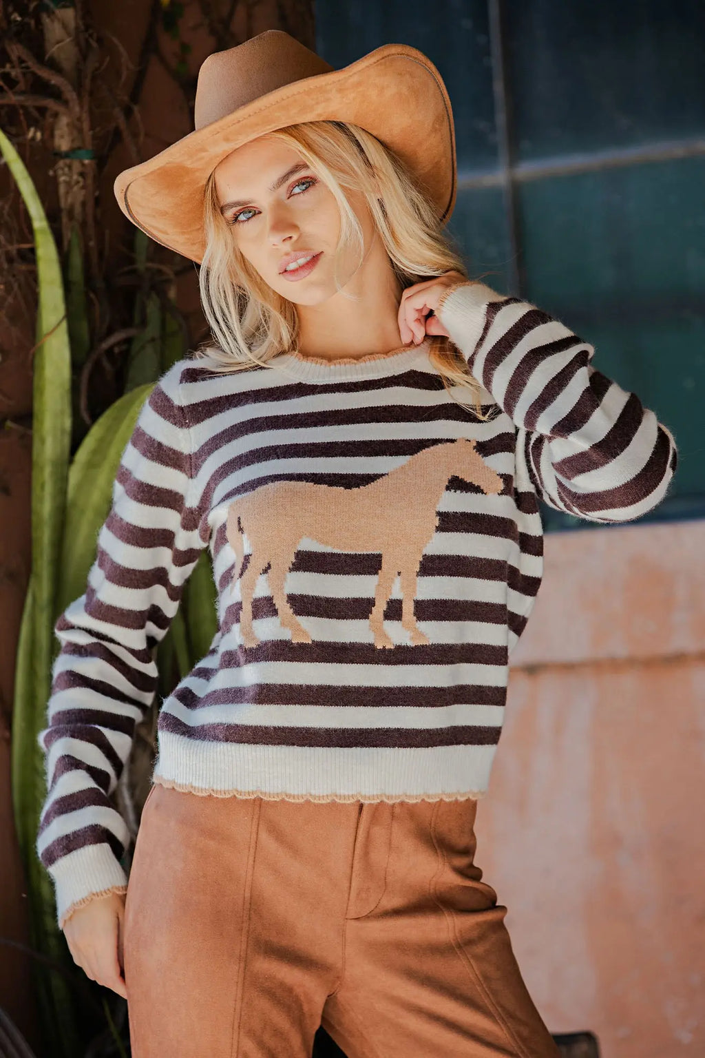 Striped Horse Scallop Edge Sweater