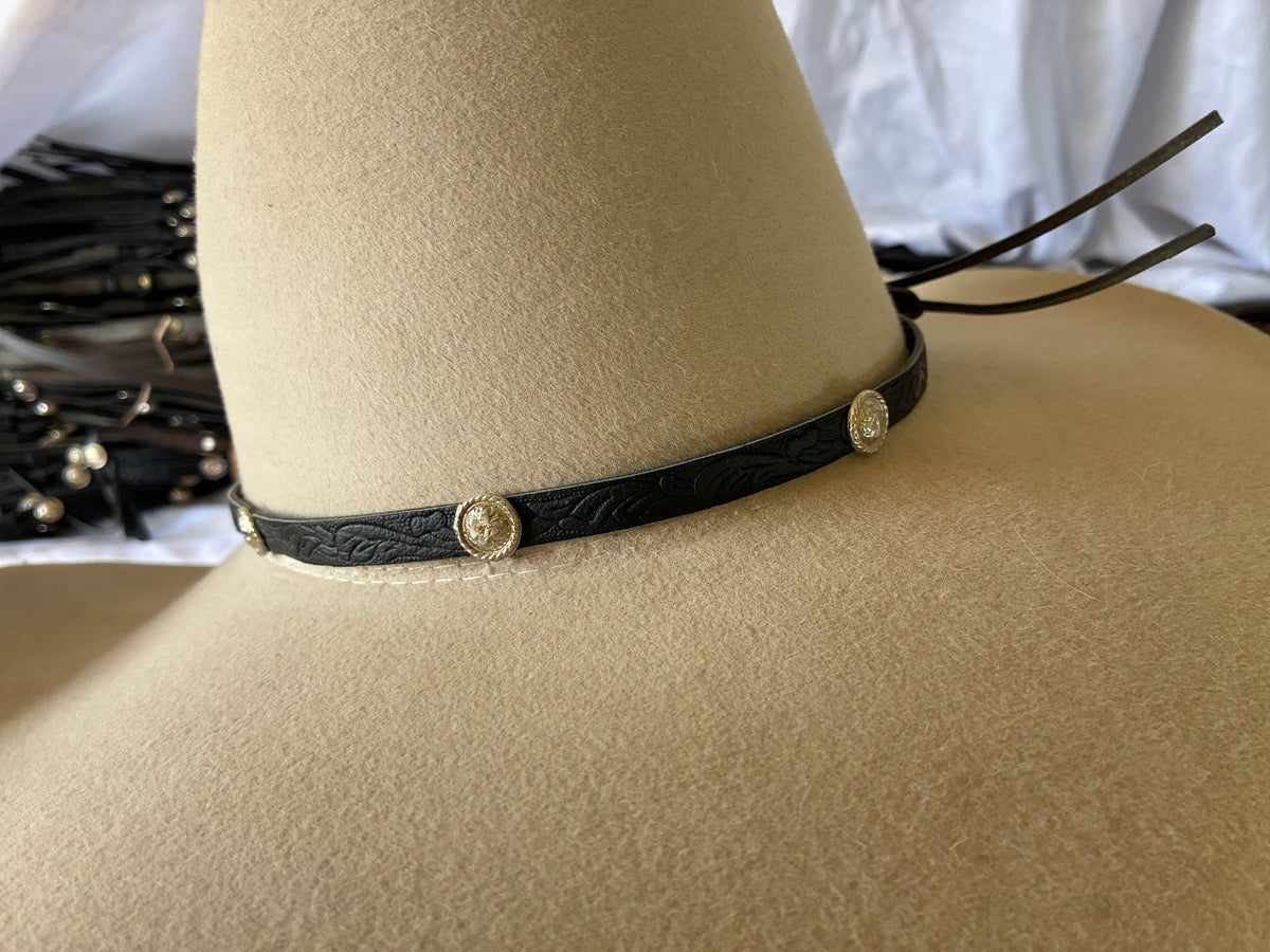 Adjustable black leather hatband with silver conchos