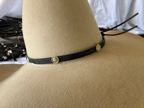 Adjustable black leather hatband with silver conchos