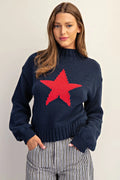 Star Graphic Mock Neck Long Sleeve Sweater