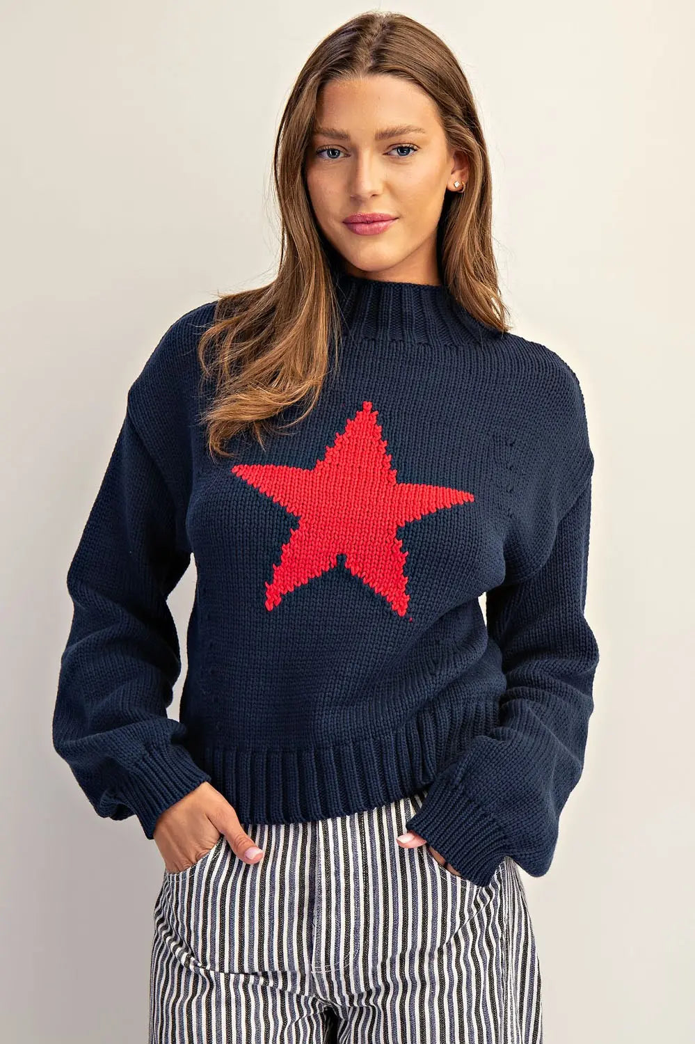 Star Graphic Mock Neck Long Sleeve Sweater