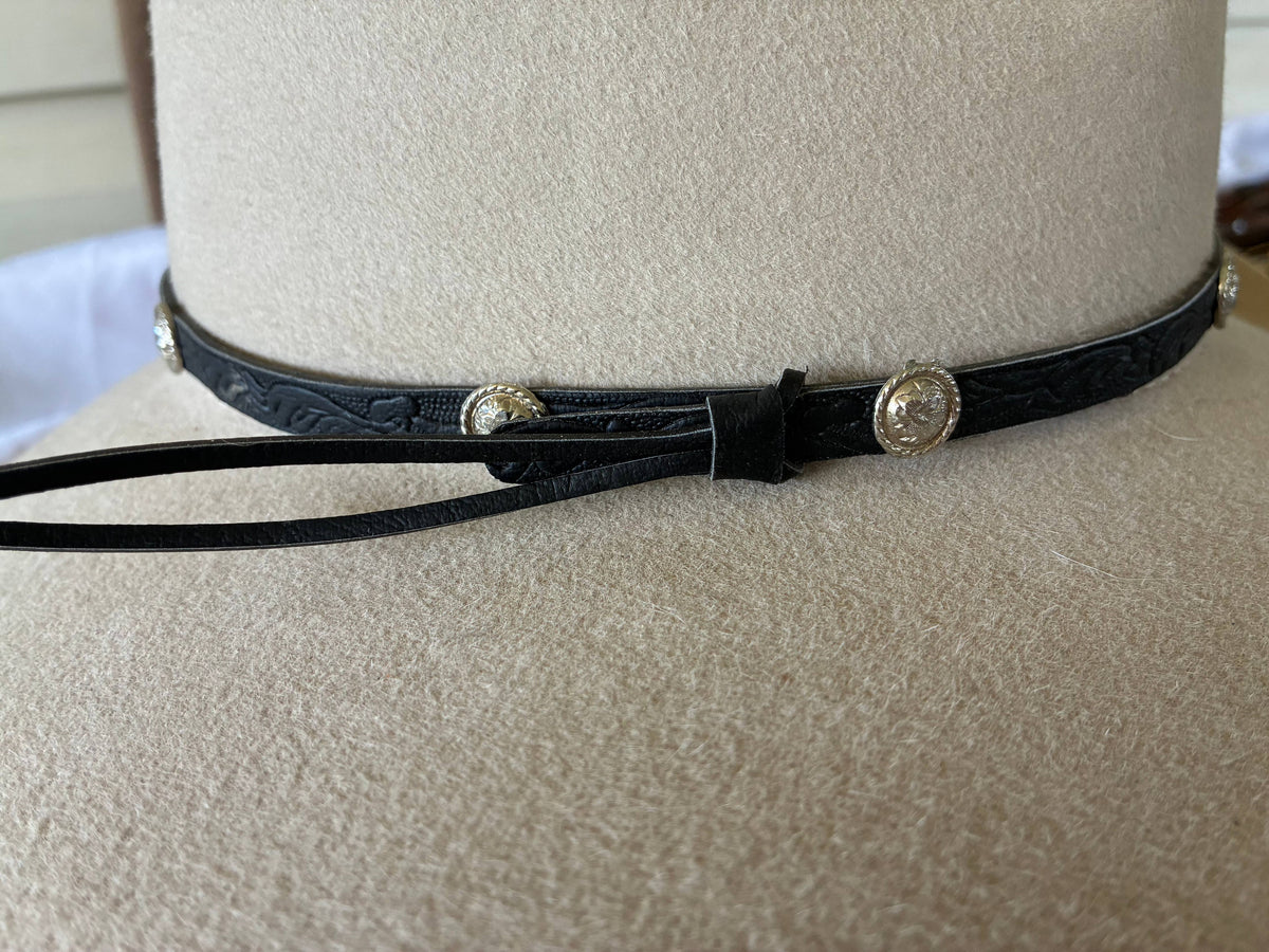 Adjustable black leather hatband with silver conchos