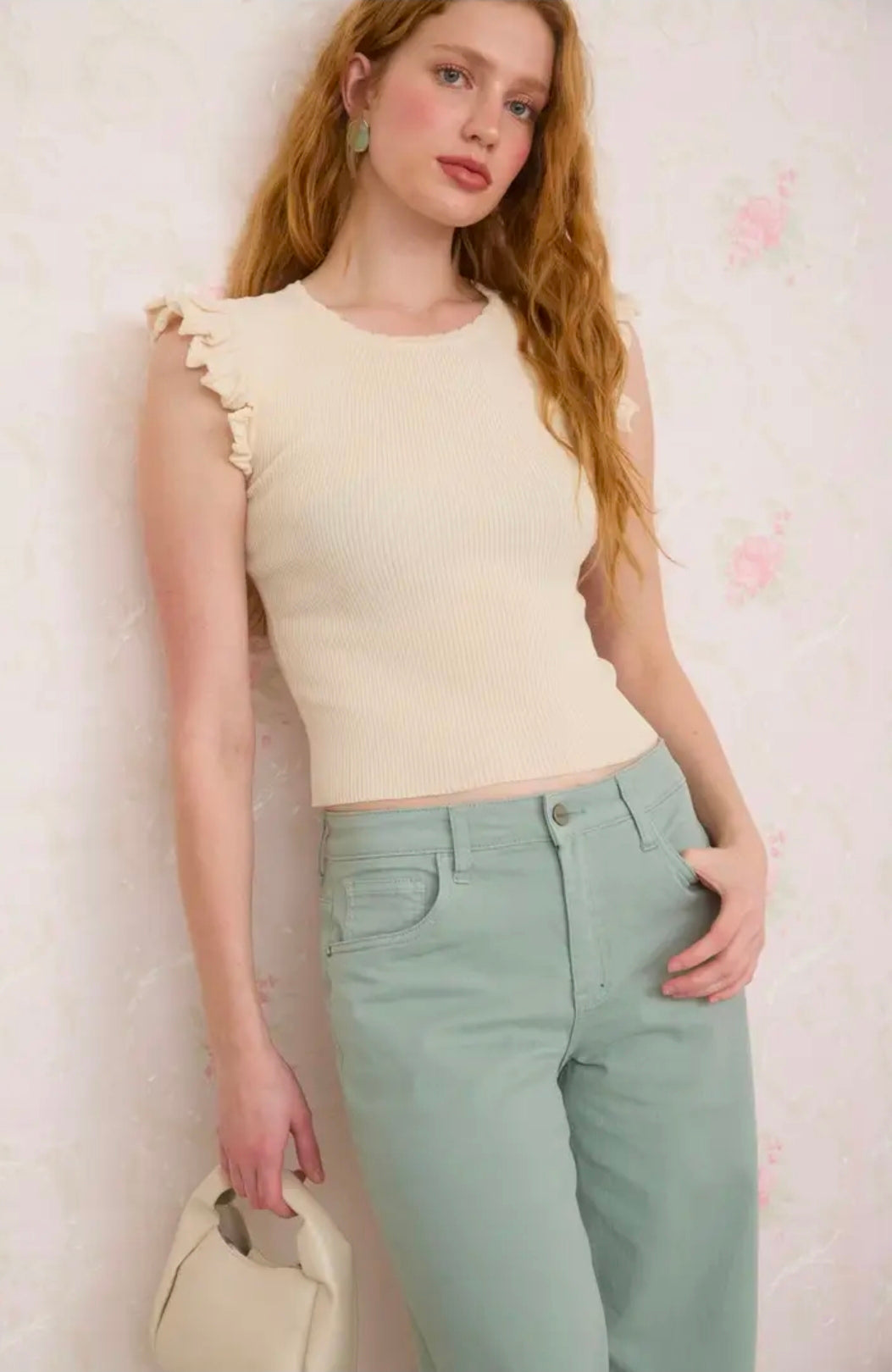 Ruffle Sleeve Round Neck Sweater Knit Top