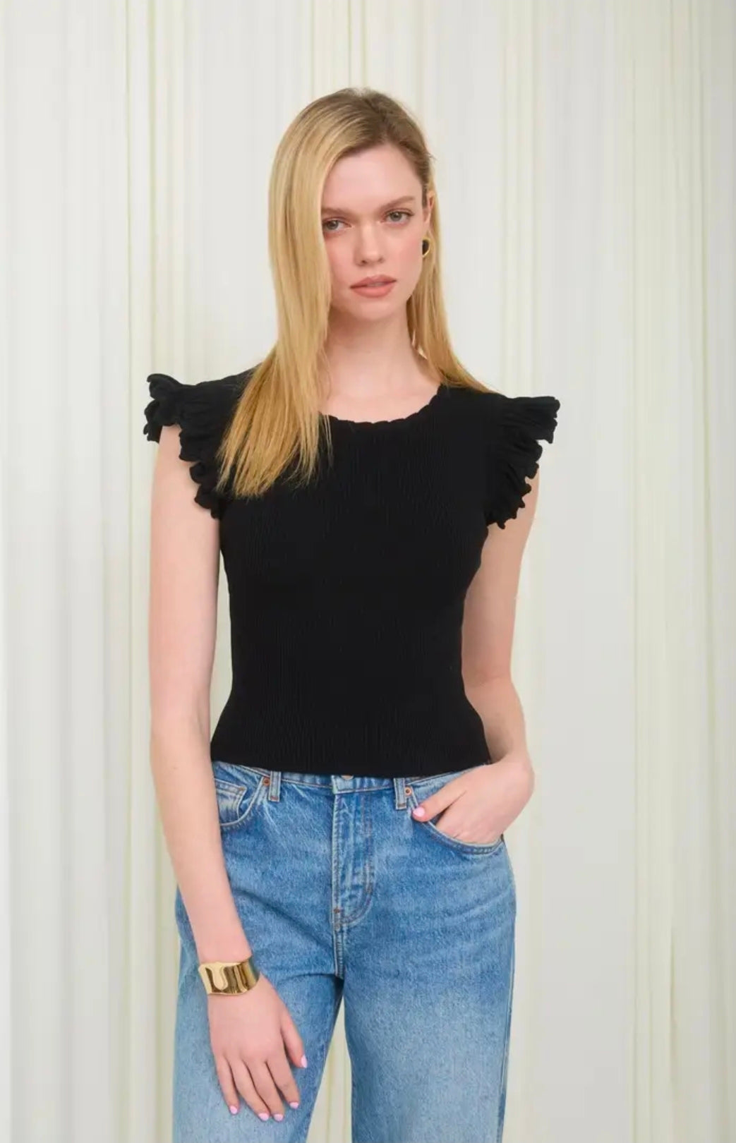 Ruffle Sleeve Round Neck Sweater Knit Top